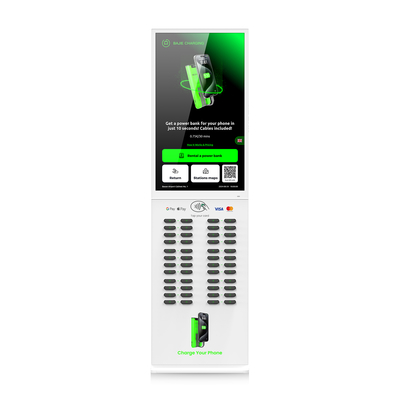 48 Slots 43-Inch Touchscreen Power Bank Rental Station High Solar-Powered Credit Card-Compatible Chargers Micro USA UK/Italy